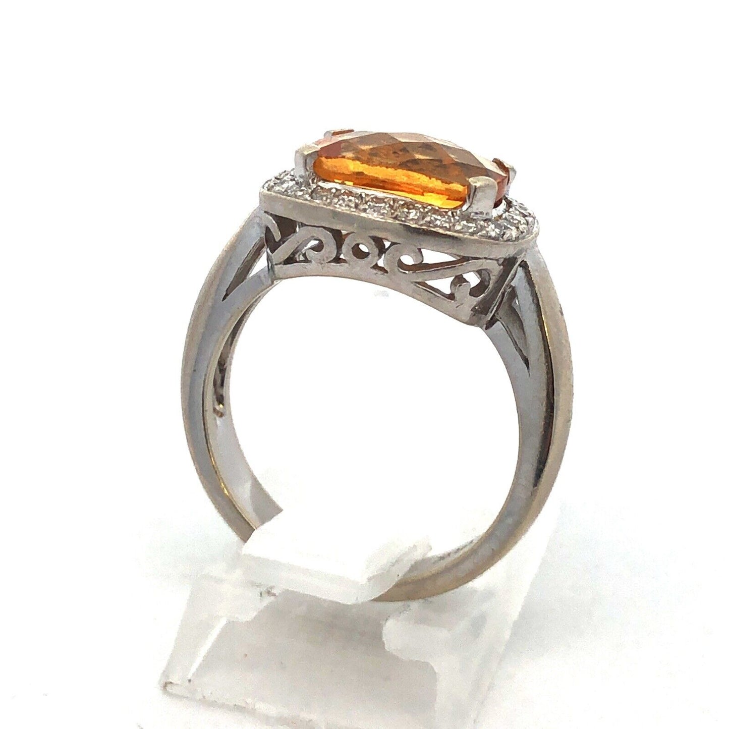 Stunning Designer 14K White Gold Citrine Diamond Cushion Cut Halo Ring Size 6.5