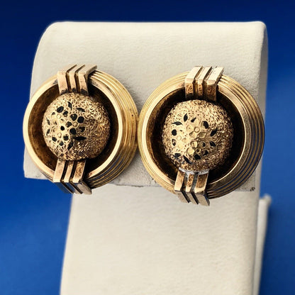 Art Deco Art Nouveau 14K Yellow Gold Black Enamel Modernist Linear Ball Earrings