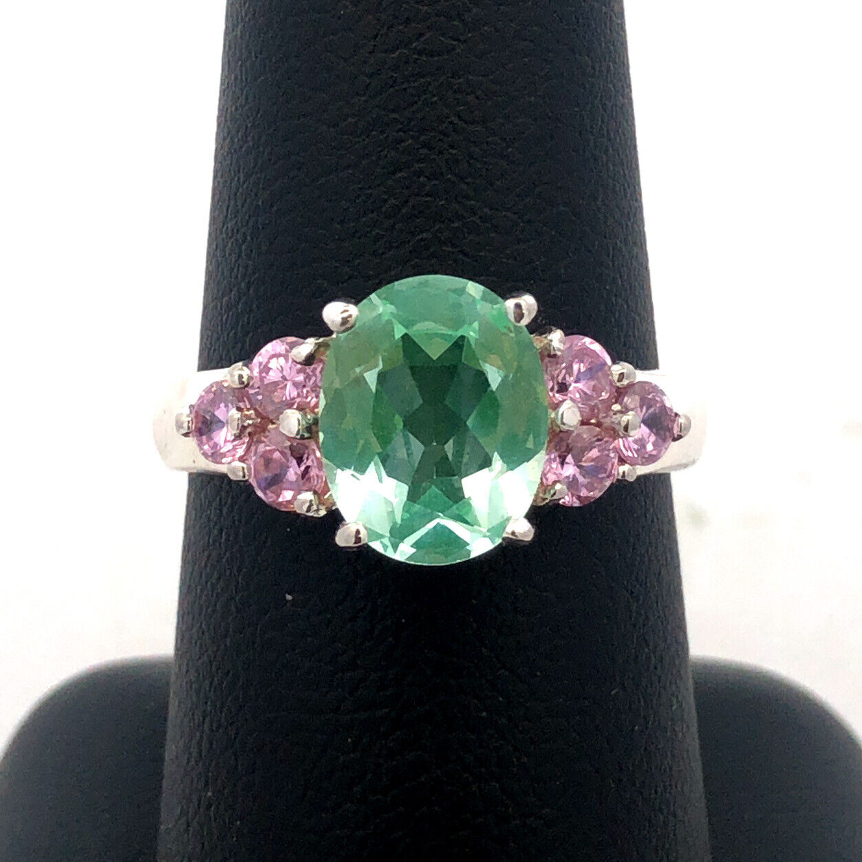 Designer HAN 925 Sterling Silver Oval Seyfoam Green Pink CZ Accent Cocktail Ring