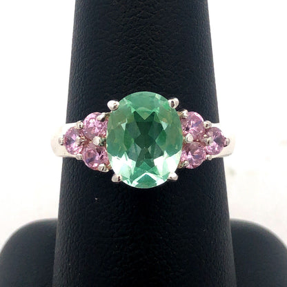Designer HAN 925 Sterling Silver Oval Seyfoam Green Pink CZ Accent Cocktail Ring