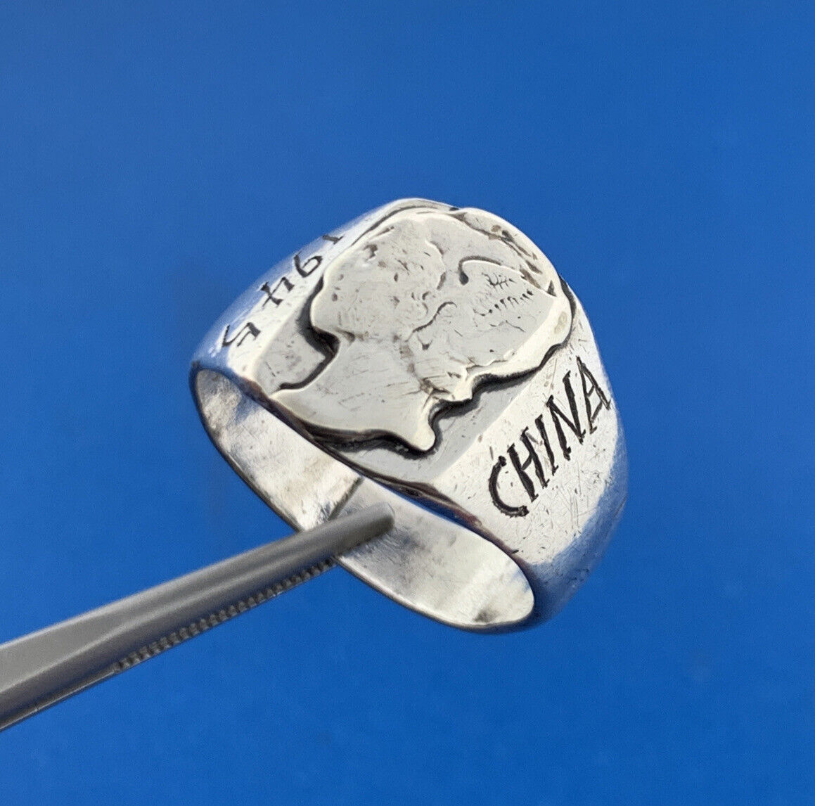 Mid Century 1945 China Engraved 925 Sterling Silver Mercury Dime Bust Dome Ring
