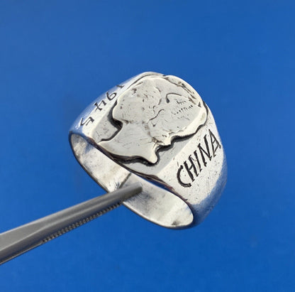 Mid Century 1945 China Engraved 925 Sterling Silver Mercury Dime Bust Dome Ring