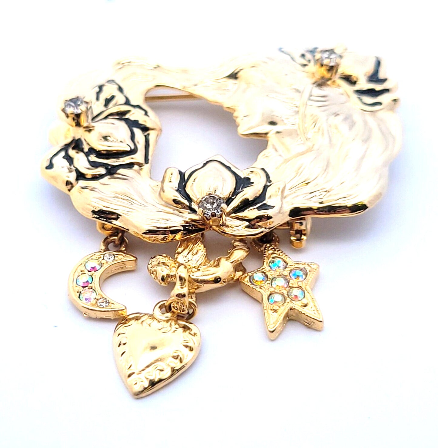 Vintage Kirk's Folly "Mother's Pin" CZ Studded Star/Moon/Cherub Charm Brooch