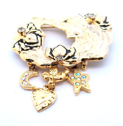 Vintage Kirk's Folly "Mother's Pin" CZ Studded Star/Moon/Cherub Charm Brooch