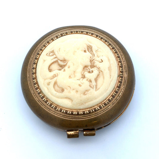 Vintage Estee Lauder Gold Tone Guilloche Carved Cameo Mirror Compact