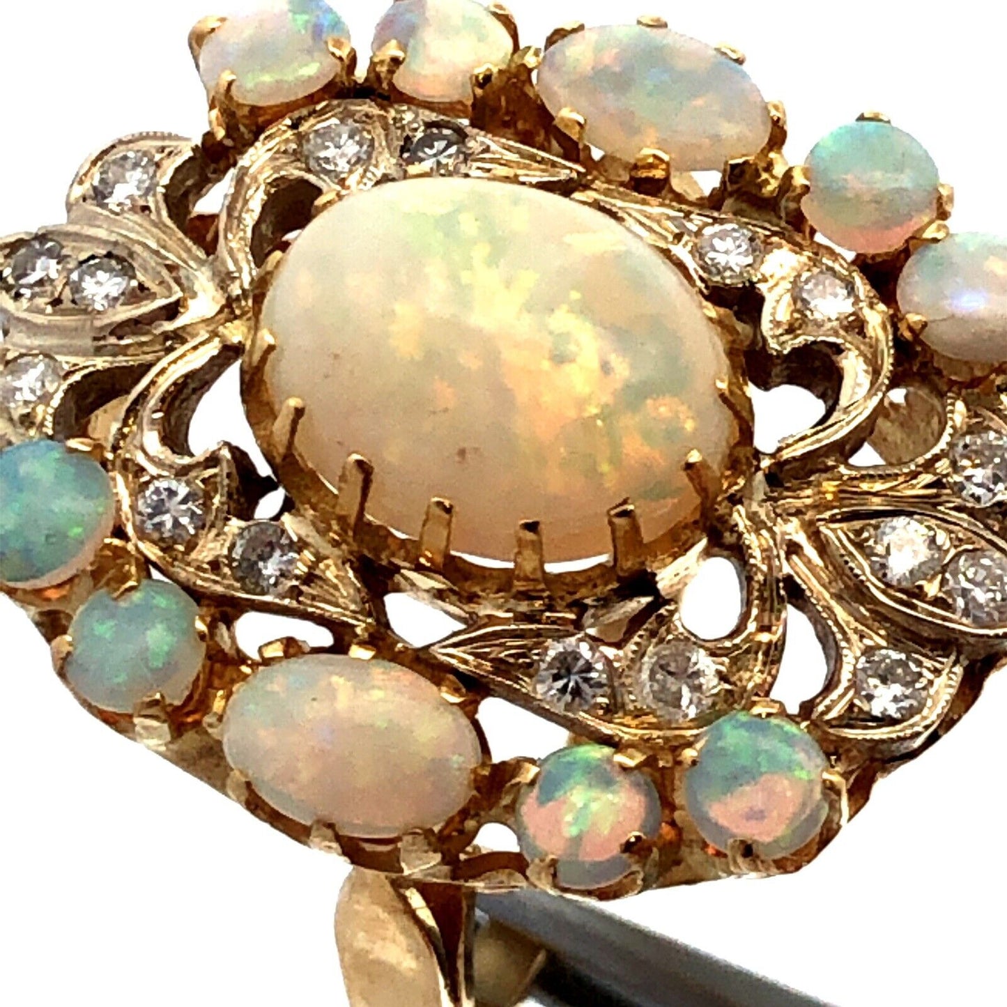 Designer 18K Yellow Gold Oval White Opal Diamond Art Deco Statement Ring