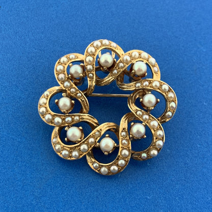 Designer 14K Yellow Gold Seed Pearl Floral Wreath Diverse Pendant Or Brooch
