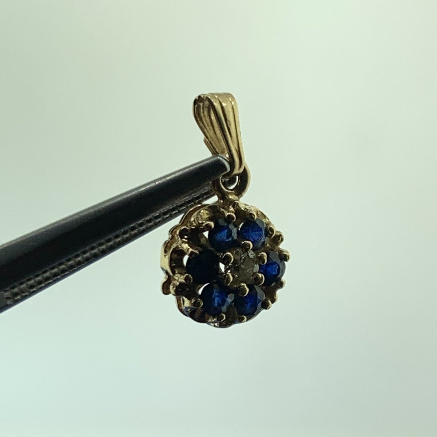 14K Yellow Gold Blue Sapphire Diamond Accented Floral Petite Charm Pendant