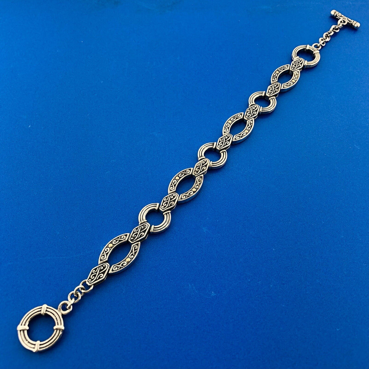 Designer 18K White Gold Sterling Silver Scroll Oval Circle Link Toggle Bracelet