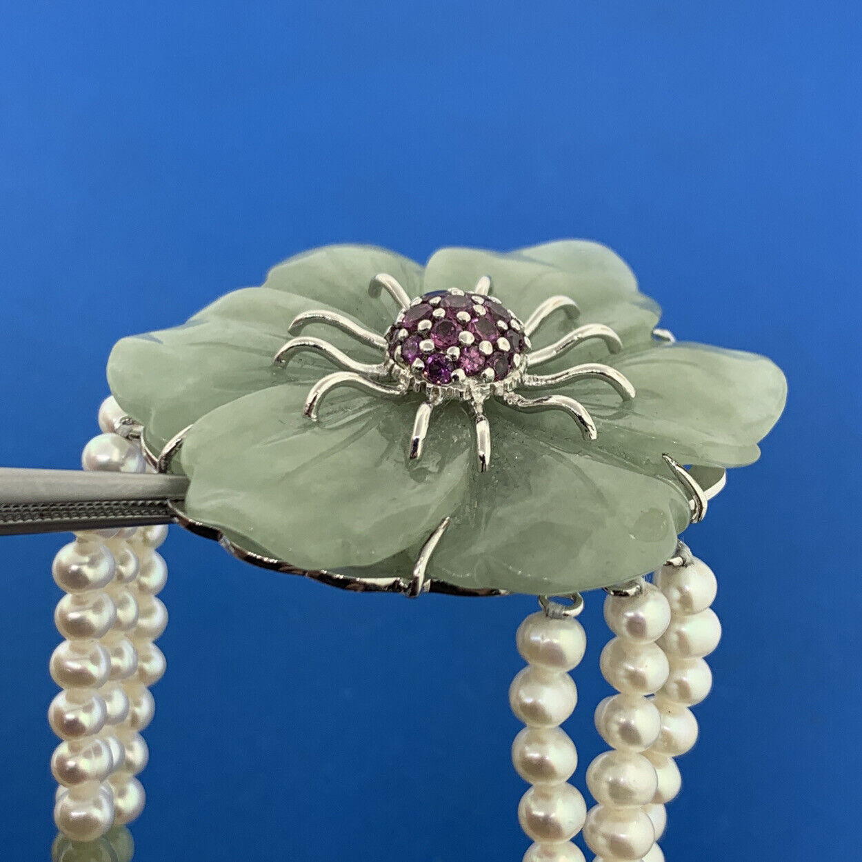 Designer Sterling Silver Carved Jade Pearl Pink Tourmaline Statement Necklace