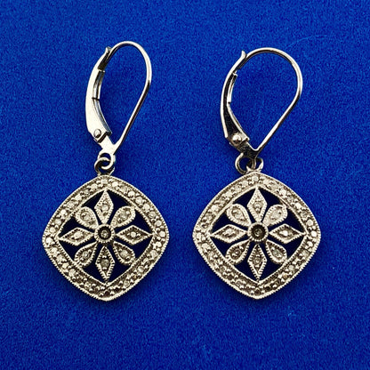 Designer Sterling Silver 925 Diamond Snowflake Flower Cluster Dangle Earrings