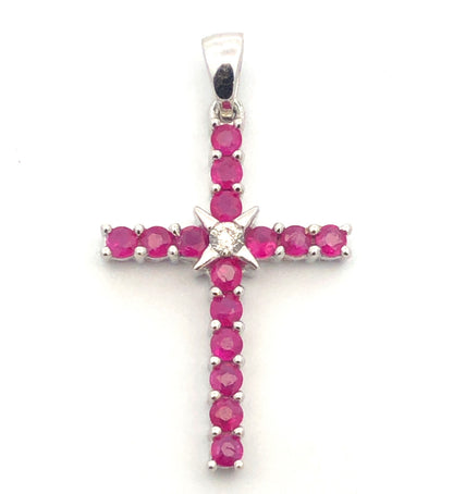14K White Gold Ruby Diamond Cross Religious Communion Wedding July Pendant