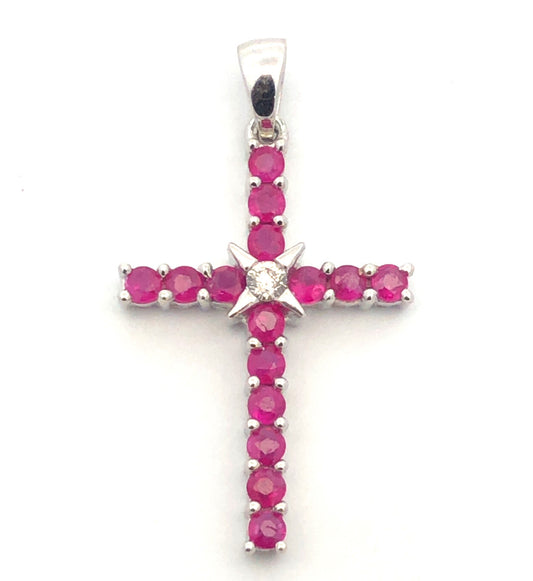 14K White Gold Ruby Diamond Cross Religious Communion Wedding July Pendant