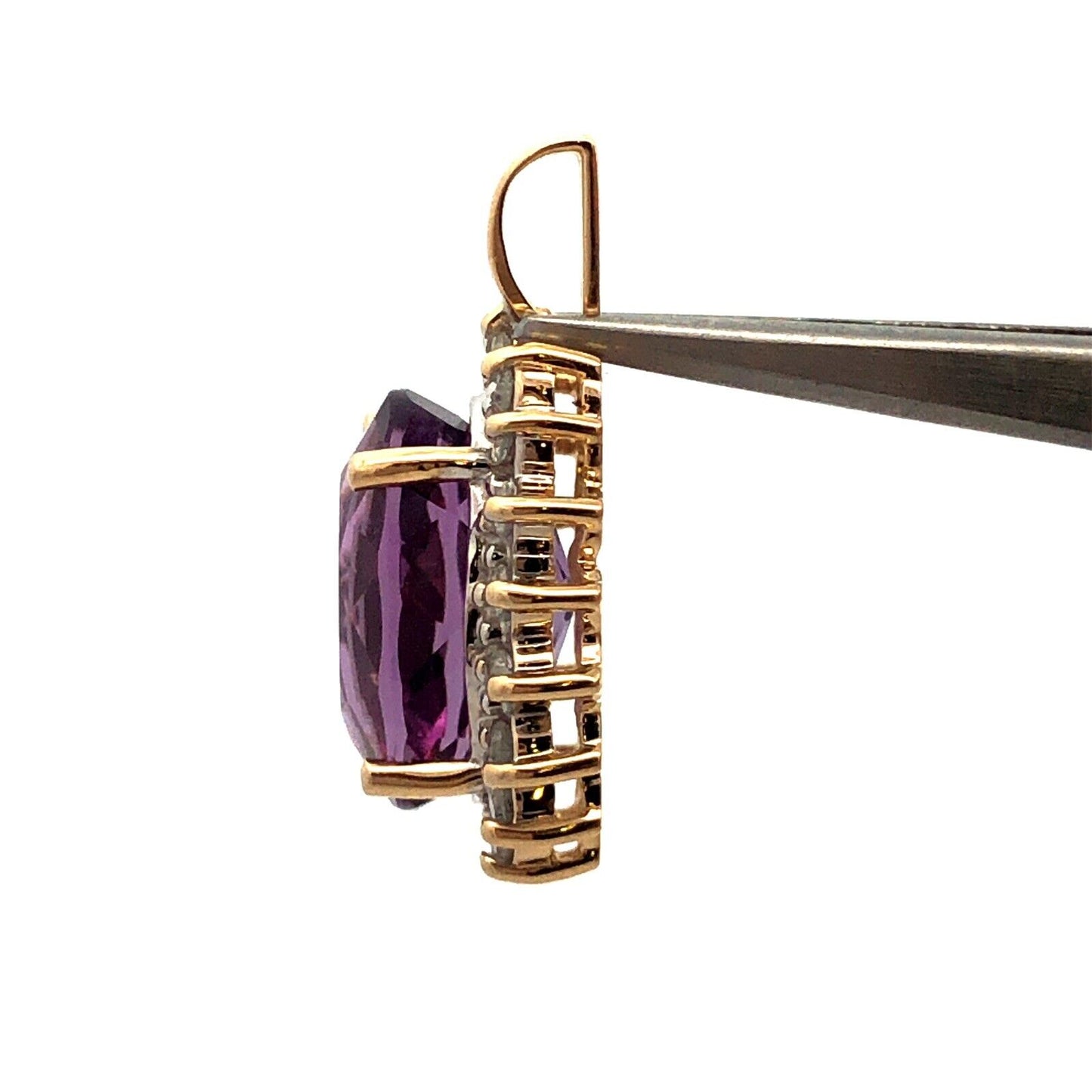 Designer 14K Yellow Gold Oval Purple Amethyst Diamond Halo Statement Pendant