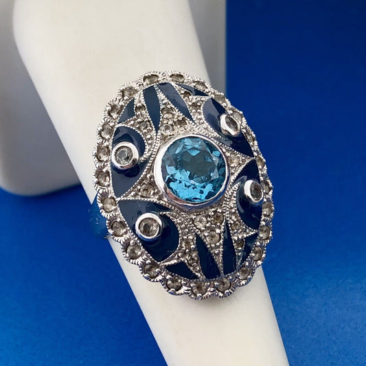 Designer Pd 925 Sterling Silver Blue Topaz White Amethyst Enamel Statement Ring