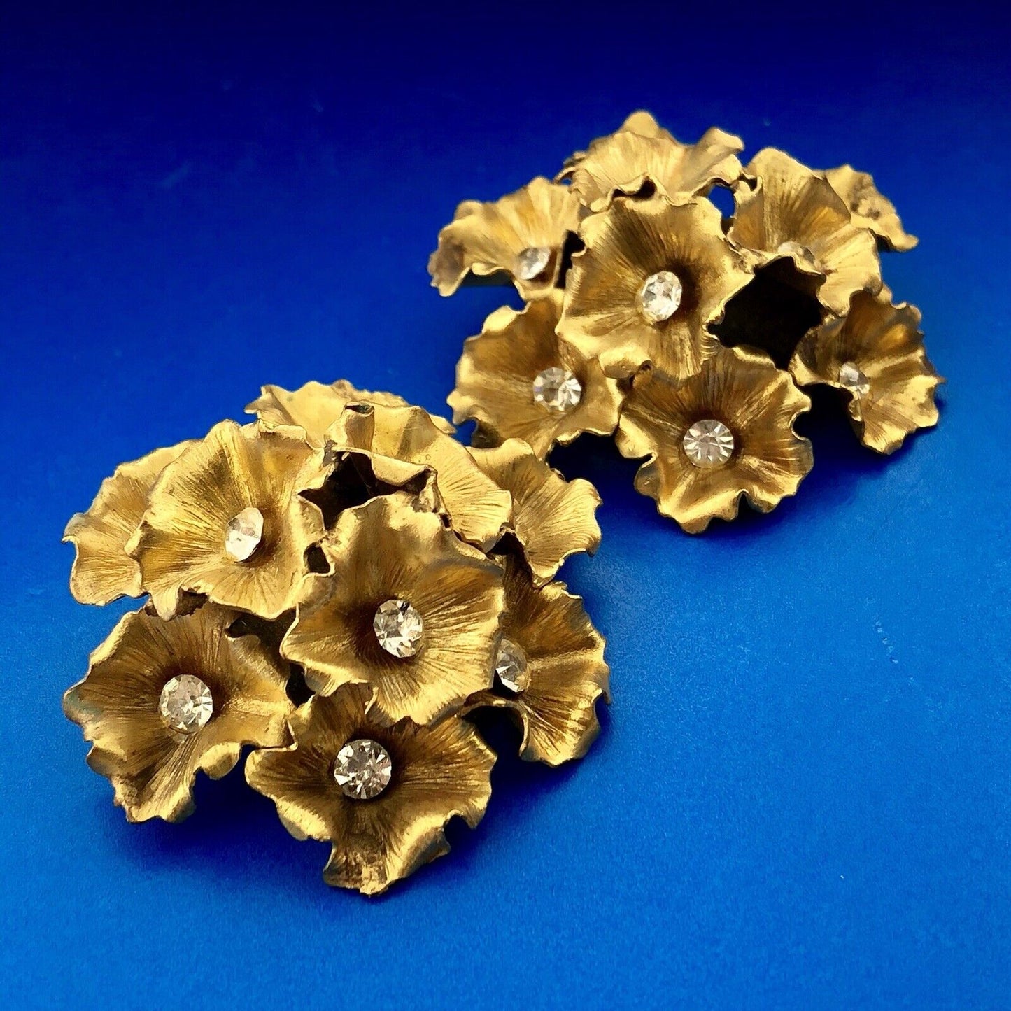 Vintage Gold Tone 3D Rhinestone Floral Cluster Statement Runway Clip Earrings