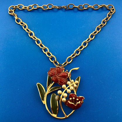 Mid Century Gold Tone Red Green Enamel Faux Pearl Rhinestone Floral Necklace
