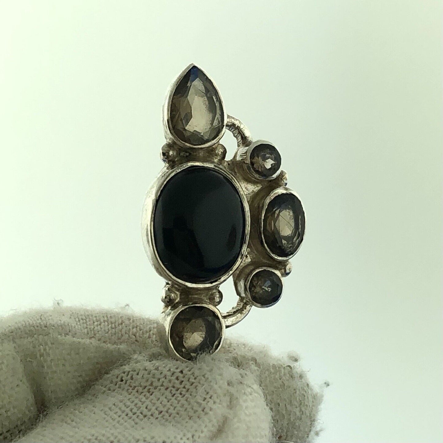 Modernist 925 Sterling Silver Black Onyx Smoky Quartz Drop Dangle Earrings