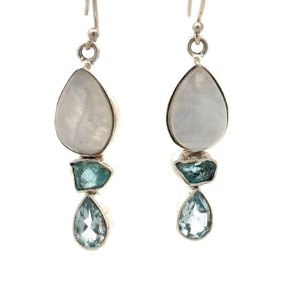 Vintage YS 925 Sterling Silver Moonstone Blue Topaz Tourmaline Dangle Earrings