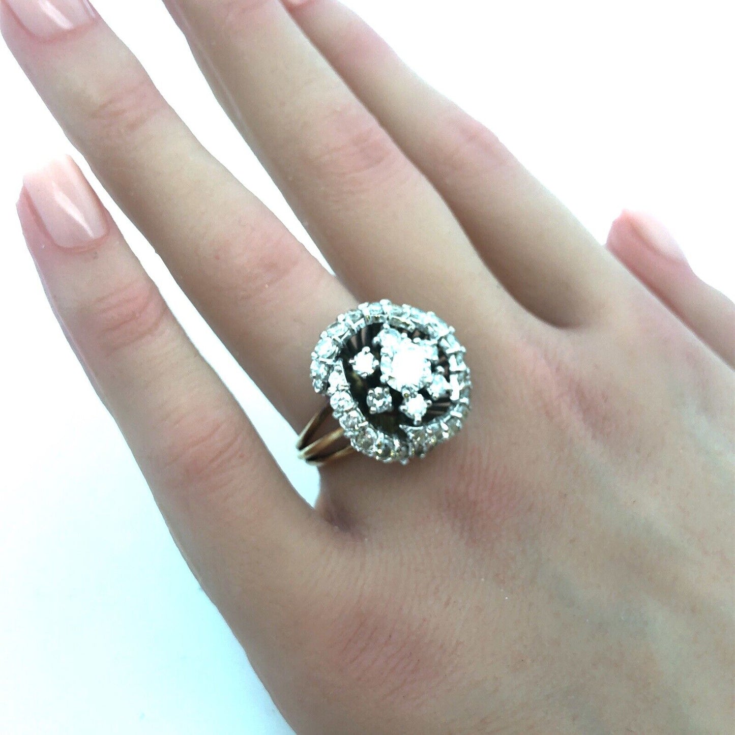 Stunning 14K Yellow Gold Diamond Floral Cluster Rose Statement Anniversary Ring