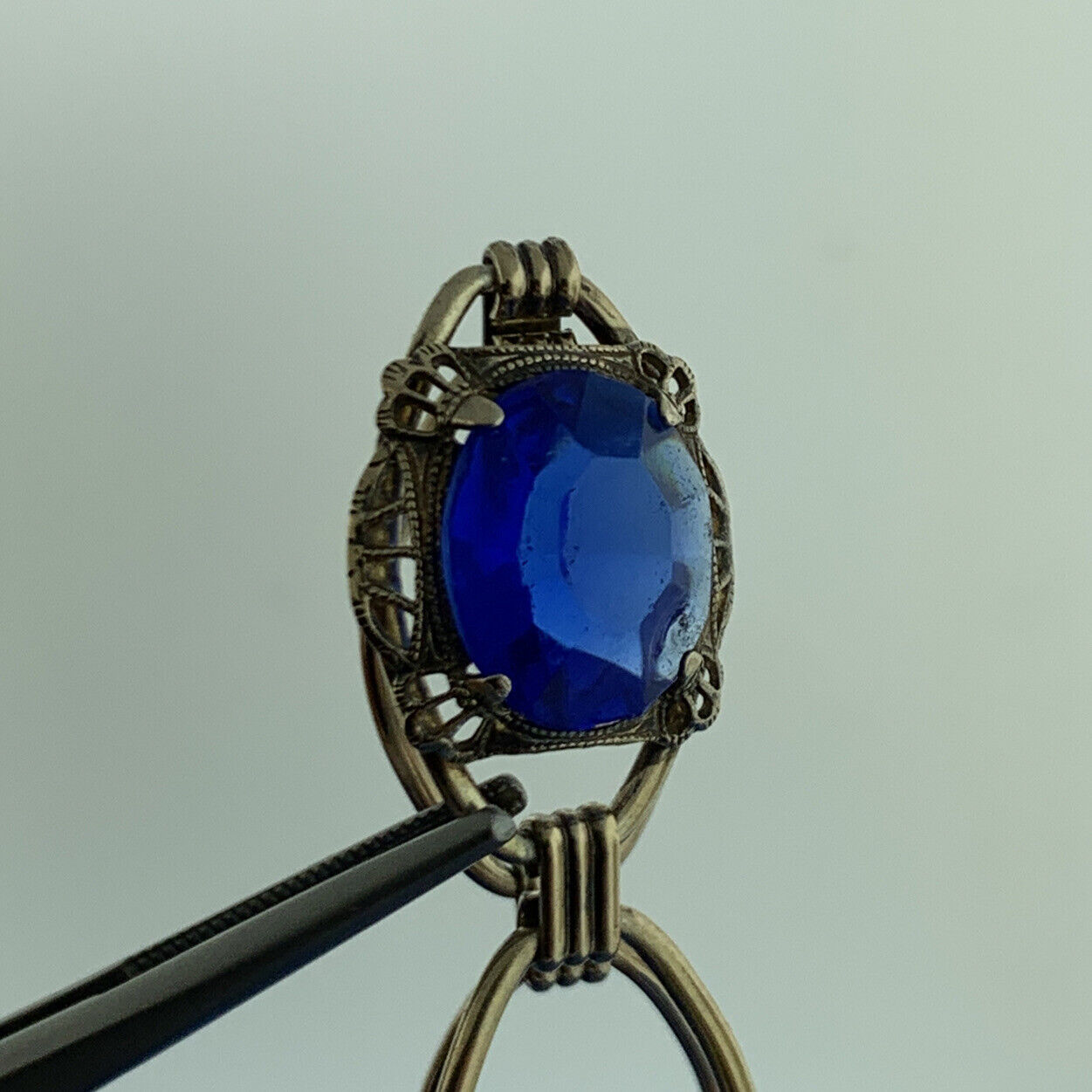Art Deco AMCO Gold Filled Sterling Silver Faceted Blue Glass Oval Link Bracelet