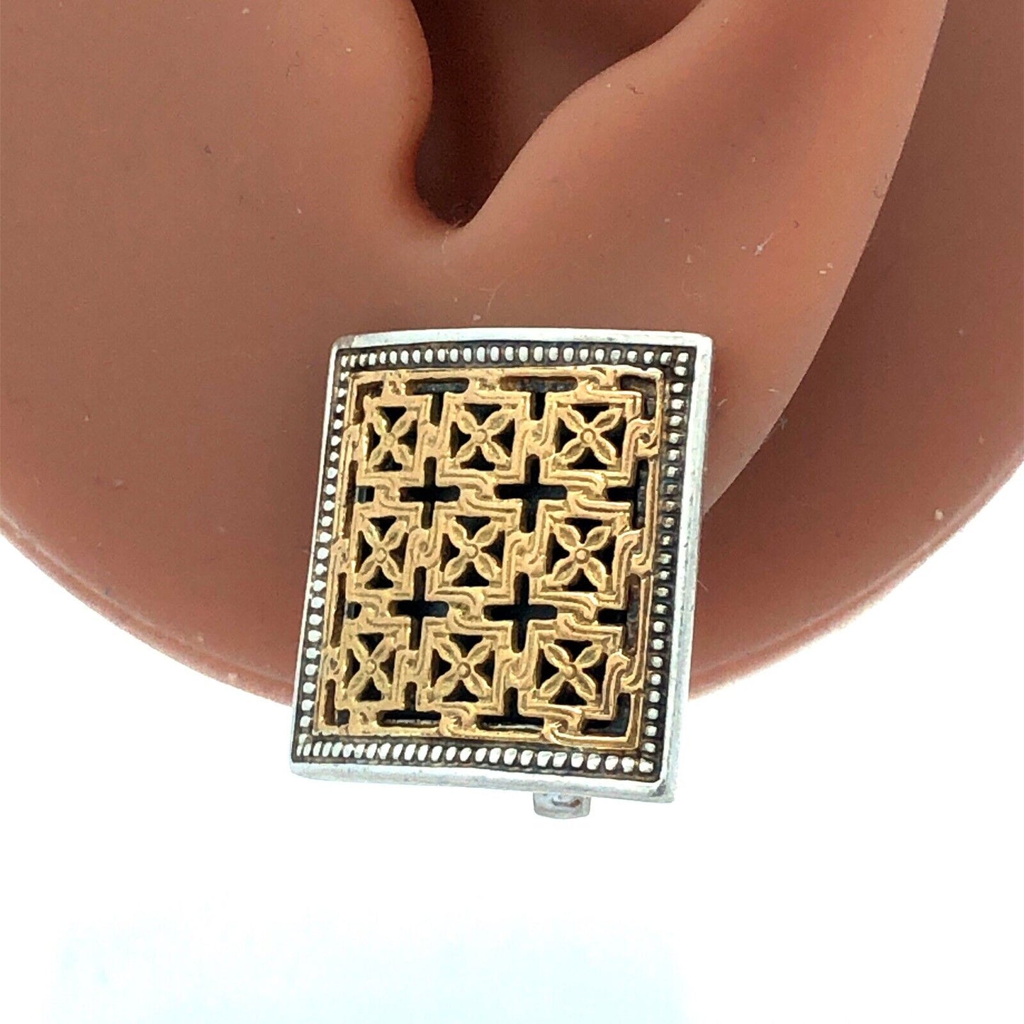 925 Sterling Silver 18K Yellow Gold Designer Floral Square Clip On Stud Earrings