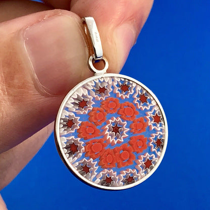 Vintage Italy Sterling Silver 925 Murano Millefiori Art Glass Disc Pendant