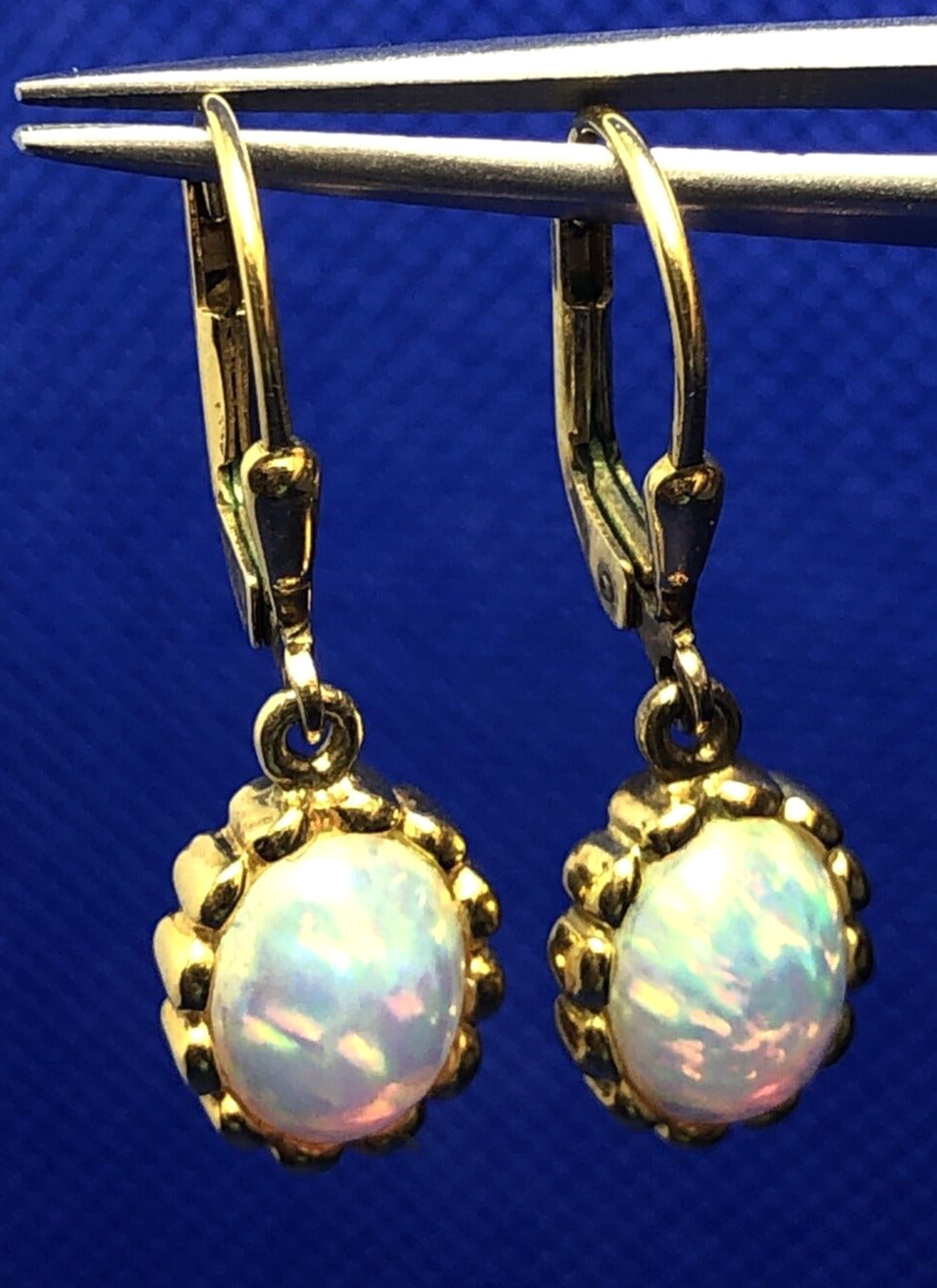 Estate 925 Sterling Silver Vermeil Oval Opal Cabochon Dangle Drop Earrings