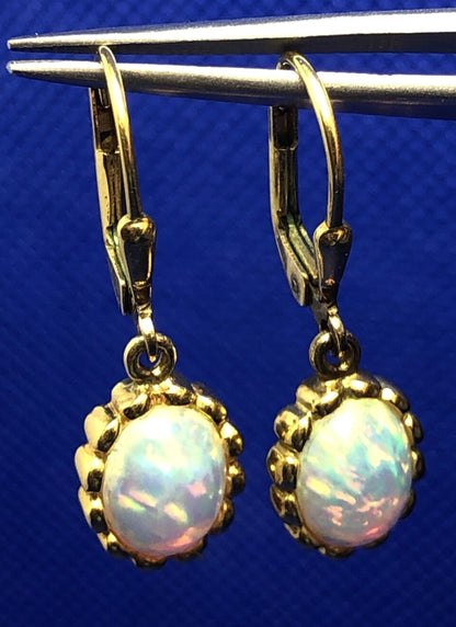 Estate 925 Sterling Silver Vermeil Oval Opal Cabochon Dangle Drop Earrings