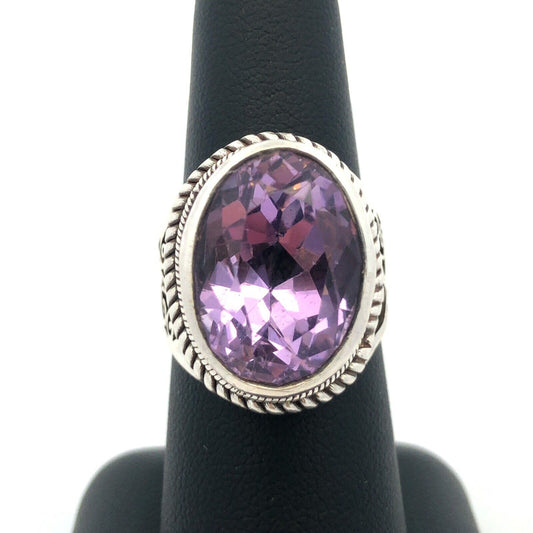 Vintage 925 Sterling Silver Oval Amethyst Floral Scroll Statement Ring