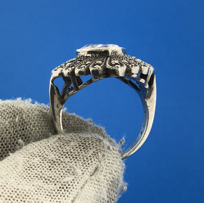 Art Deco Nouveau Sterling Silver 925 Amethyst Marcasite Statement Cocktail Ring