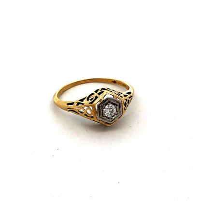 Vintage  14K Yellow Gold Round Diamond Solitaire Art Deco Engagement Ring