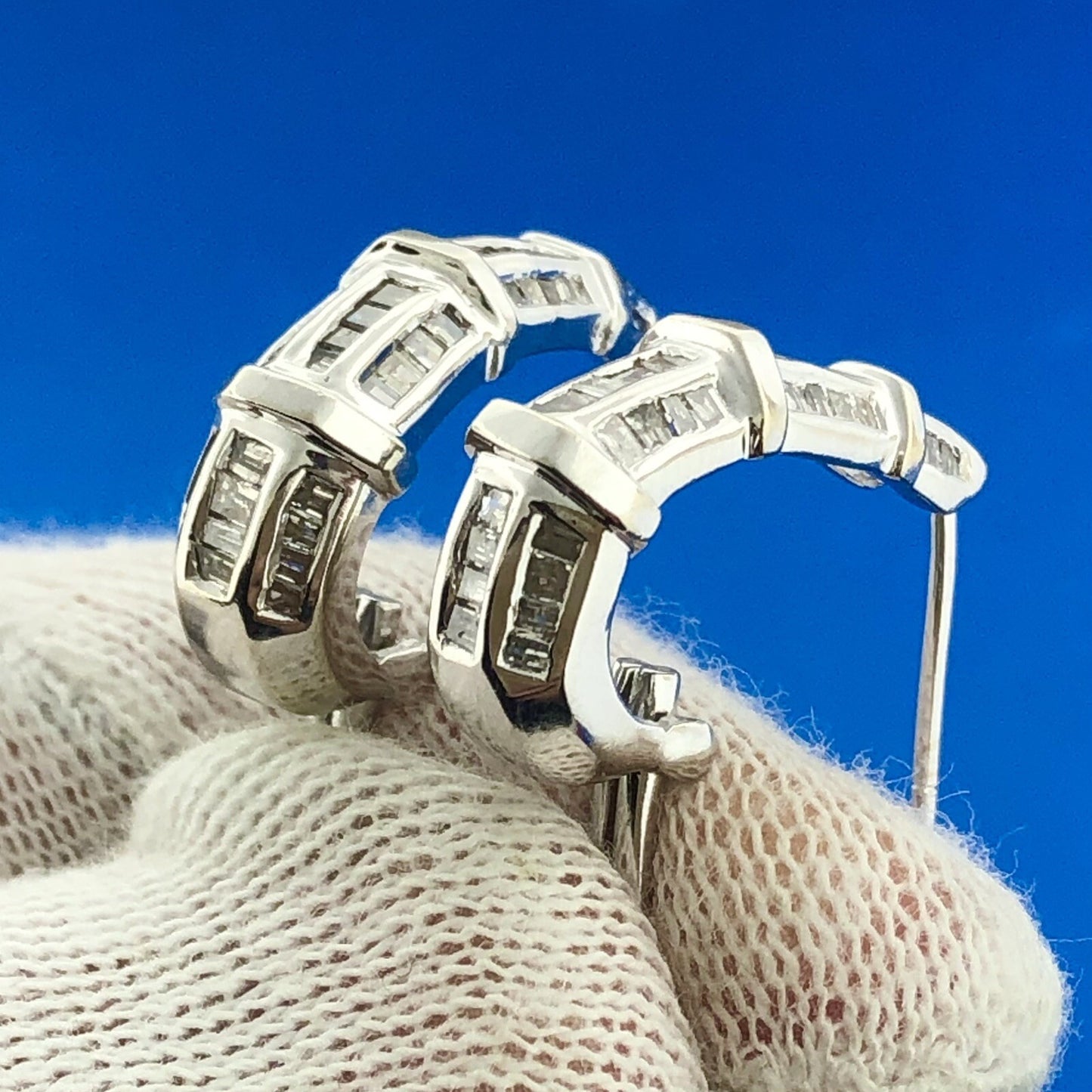 Stunning 14K White Gold Diamond J Hoop Omega Back Wedding Occasion Earrings
