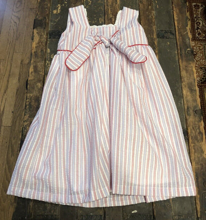 The Oaks Apparel Company Red White Blue Seersucker Girls Size 7 Lined Sundress