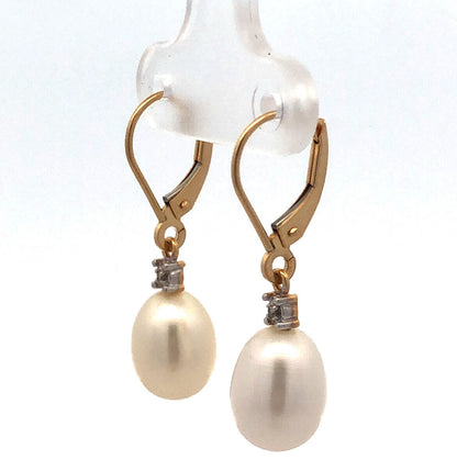 Designer 14K Yellow Gold Diamond Accent Pearl Dangle Lever Back Earrings