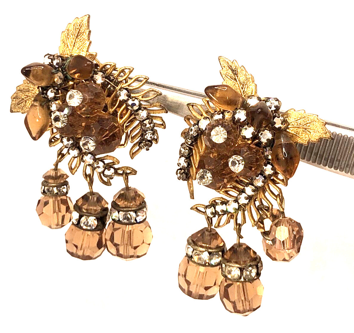 Mid Century Copper Tone Rhinestone Statement Dangle Clip On Stud Earrings
