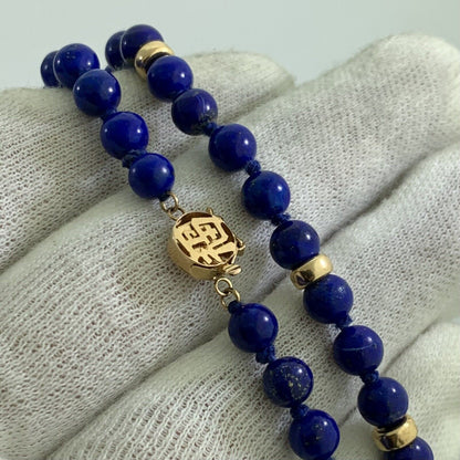 Designer 14K Yellow Gold Hand Knotted Lapis Lazuli Beaded Necklace