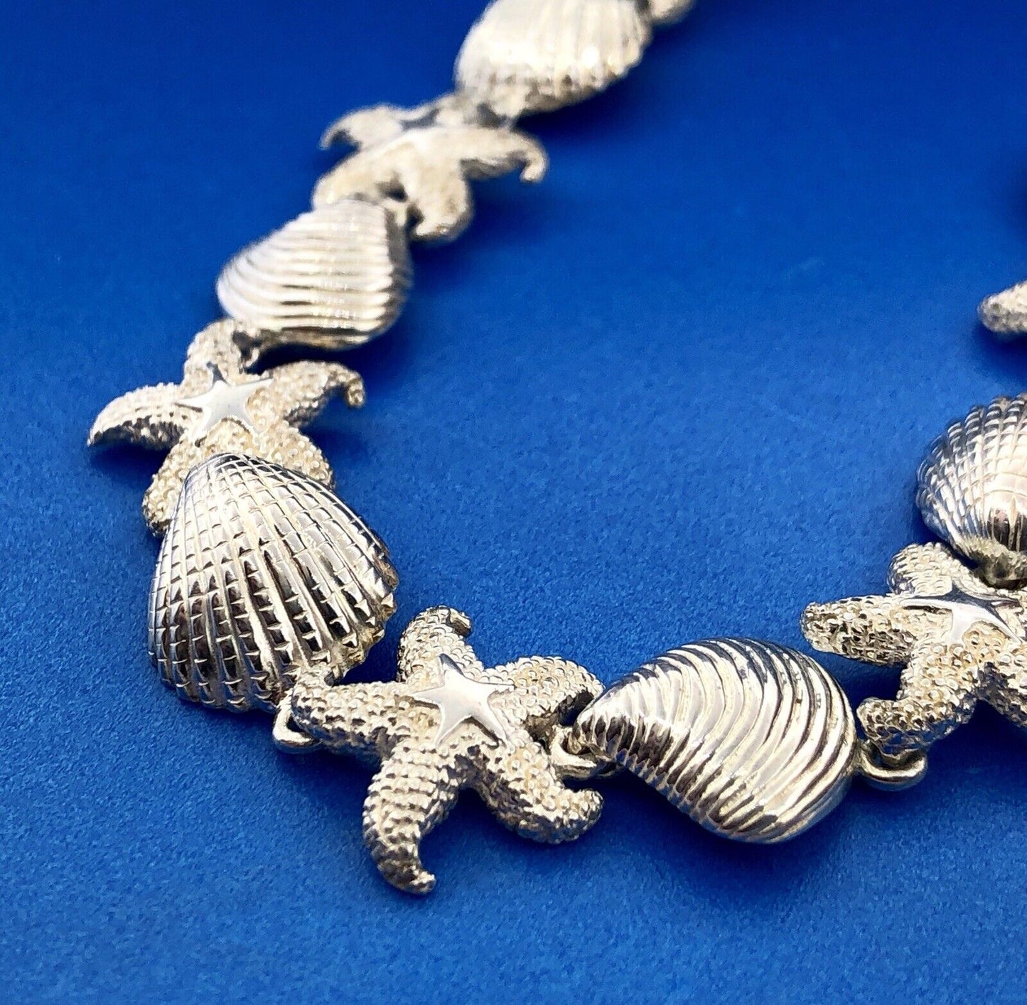 Designer Sterling Silver 925 Sea Shell Star Fish Ocean Panel Link Bracelet