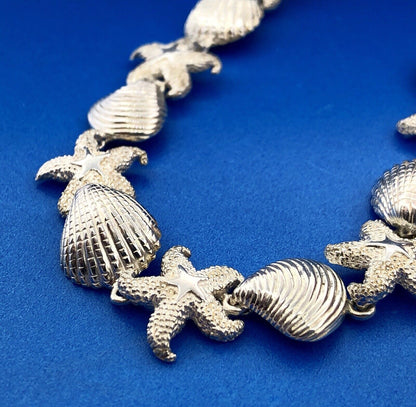Designer Sterling Silver 925 Sea Shell Star Fish Ocean Panel Link Bracelet