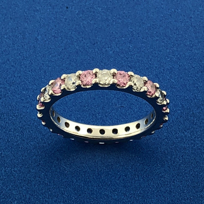Stunning Sterling Silver 925 Round Cut Pink White Sparkling CZ Band Ring Size 6