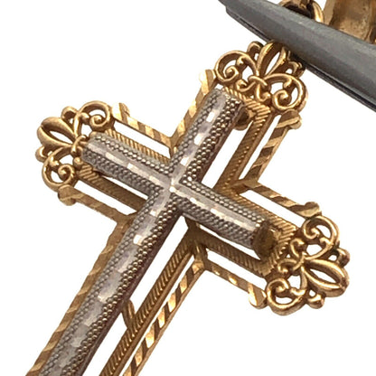 Designer CJ 14K Yellow White Gold Two Tone Filigree Textured Cross Pendant