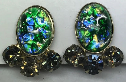 Vintage Gold Tone Opal Glass Rhinestone Crystal Clip On Earrings