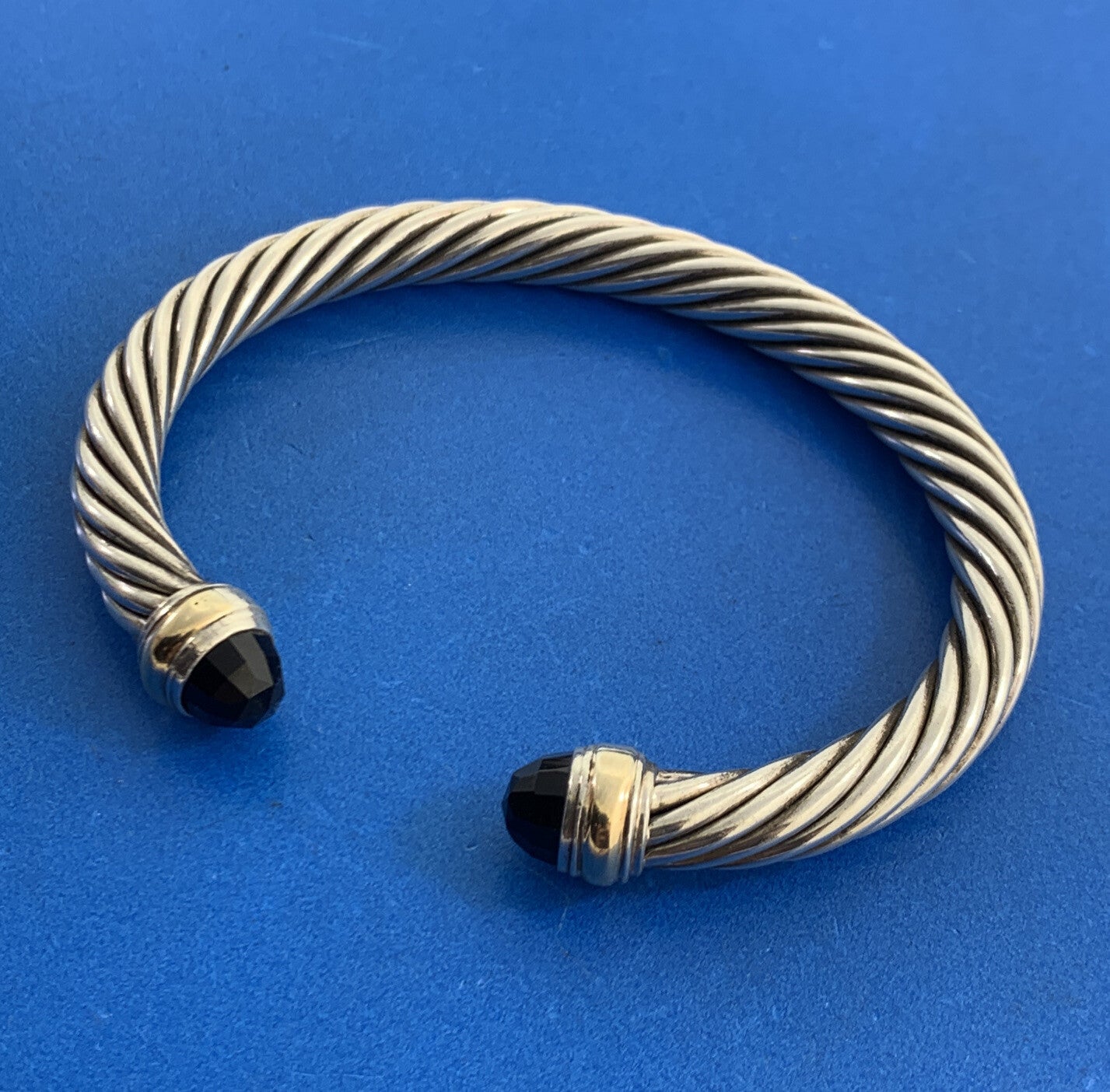 David Yurman 925 Sterling Silver 14K Gold Onyx Cable Classics Open Cuff Bracelet