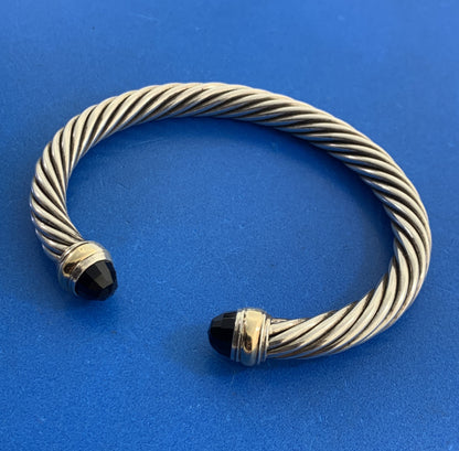 David Yurman 925 Sterling Silver 14K Gold Onyx Cable Classics Open Cuff Bracelet