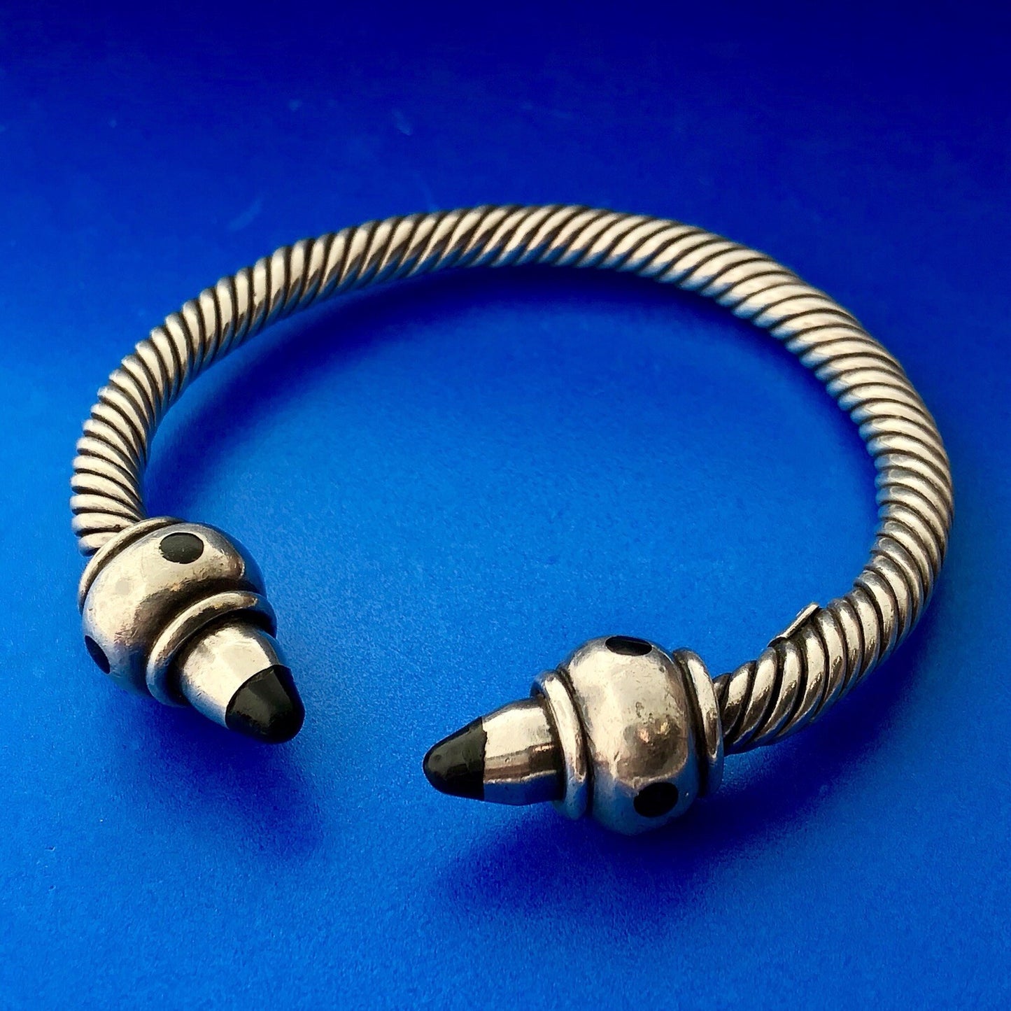 Vintage Taxco Mexico AT Sterling Silver Black Onyx Cable Statement Cuff Bracelet