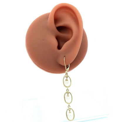 Designer 10K Yellow Gold Round White Pearl Oval Dangle Leverback Earrings
