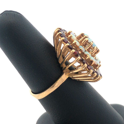 Lovely 14k Yellow Gold White Opal Garnet Floral Circle Cluster Dome Ring Size 7