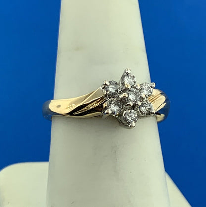 14K Yellow Gold Diamond Flower Floral Cluster Cocktail Ring