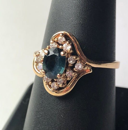 Designer 14K Yellow Gold Diamond Sapphire September Anniversary Cocktail Ring