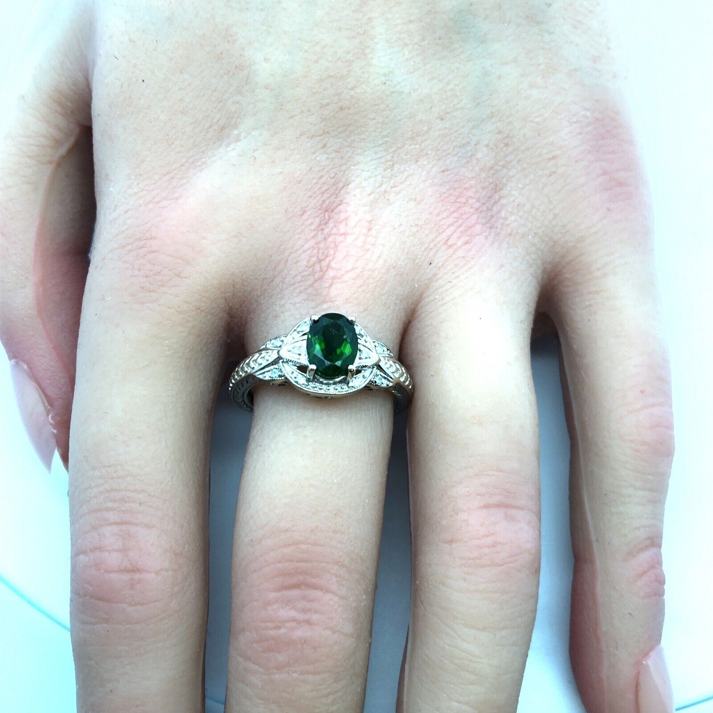 Designer RT 14K White Gold Oval Green Tourmaline Diamond Accented Ring